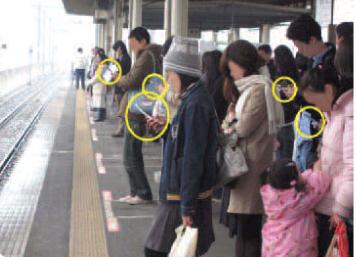 photo of people waiting at a train station using mobile devices