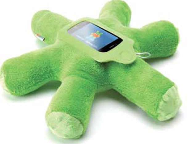 The Woogie is a plush, green, star-shaped holder for an iPhone