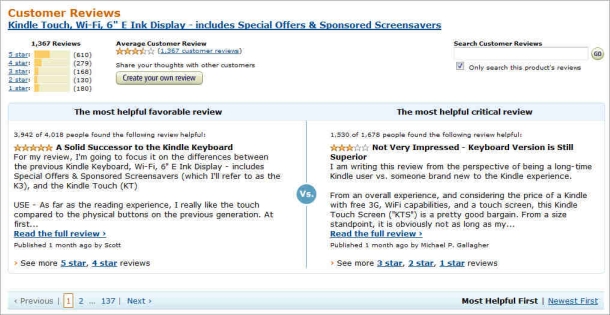 Customer reviews screen
