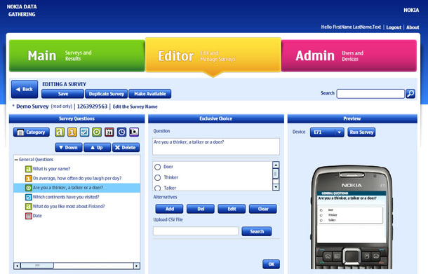 Desktop screen with three sections - Main, Editor, and Admin - for editing a survey.