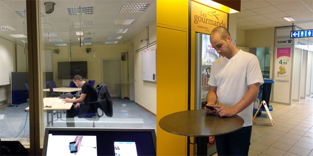Two photographs of people using a mobile phone: in an office and on a construction site.