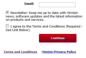 Screenshot: two check boxes labeled (1) Newsletter: keep me up to date with news, software updates and the latest information on products and services and (2) I agree to the Terms and Conditions (Required - See link below)