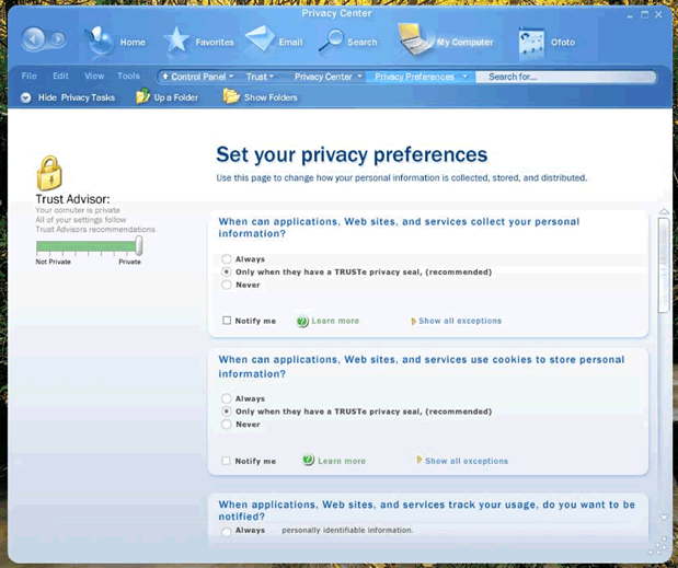 Screenshot: complex dialog for privacy settings