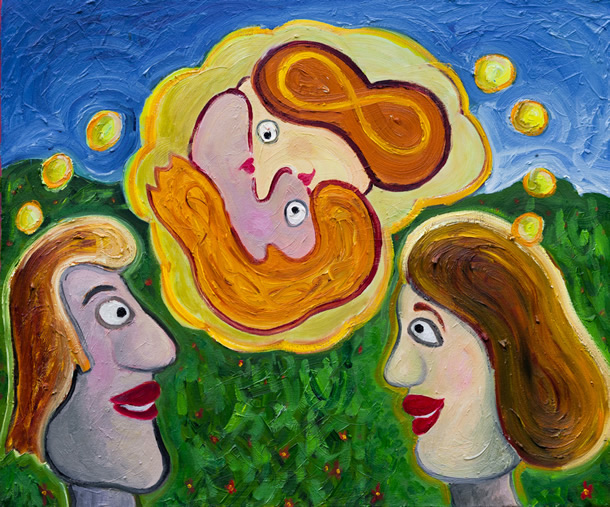 Painting with two people, each thinking of them as an intertwined couple