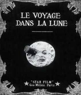 Movie poster showng a rocket crashing into the face of the moon