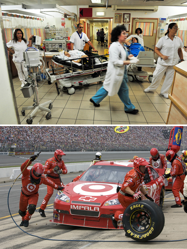 A busy Emergency Room and a Nascar pit crew