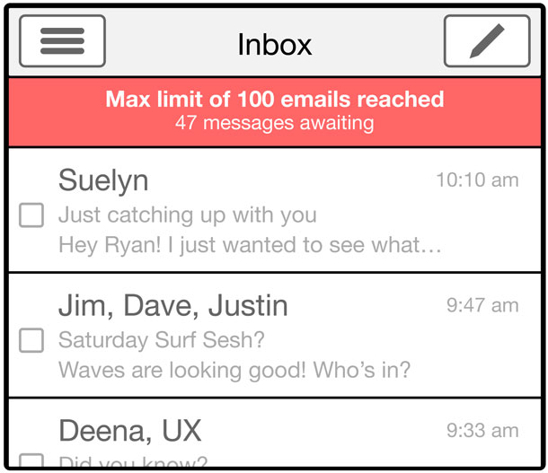 Screenshot shows maximum emails reached warning
